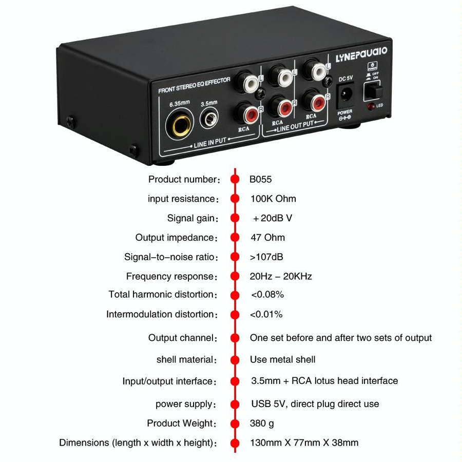 3-Channel Mixer Front Stereo Amplifier High / Mid / Bass Adjuster, USB 5V Power Supply, US Plug