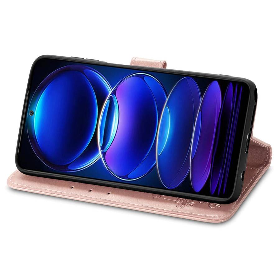 For Xiaomi Redmi Note 12 Pro+ China Four-leaf Clasp Embossed Buckle Leather Phone Case(Rose Gold)