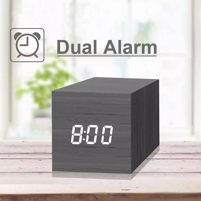 Multicolor Sounds Control Wooden Clock Modern Digital LED Desk Alarm Clock Thermometer Timer Blac...
