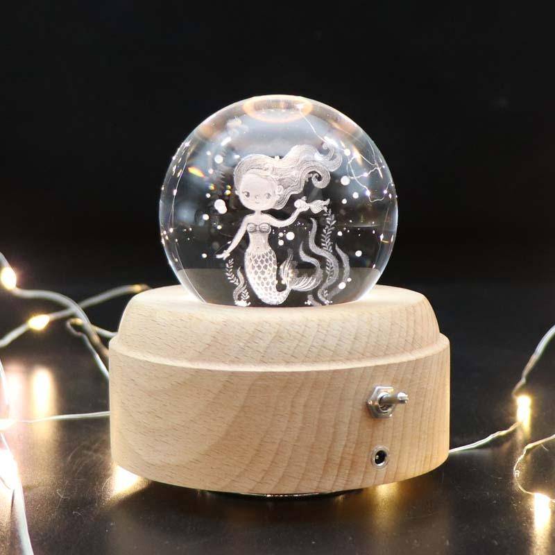Girl Bedside Lamp Crystal Ball Wooden Base Music Box Charging Glow Rotating Night Light, Random M...