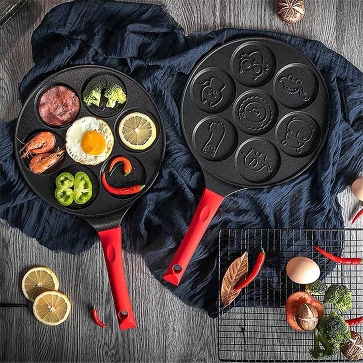 Seven-hole Breakfast Pan Multifunctional Flat Bottom Frying Pan Non-stick Egg Dumpling Pan(Black ...