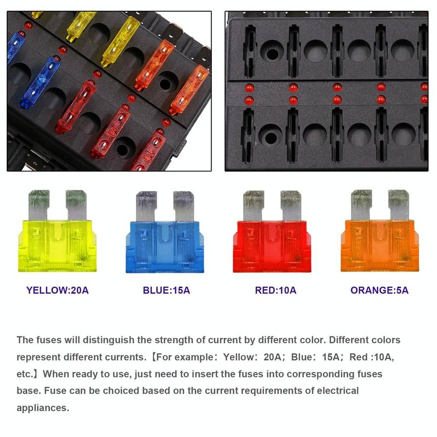 1 in 8 Out Fuse Box Screw Terminal Section Fuse Holder Kits with LED Warning Indicator for Auto C...