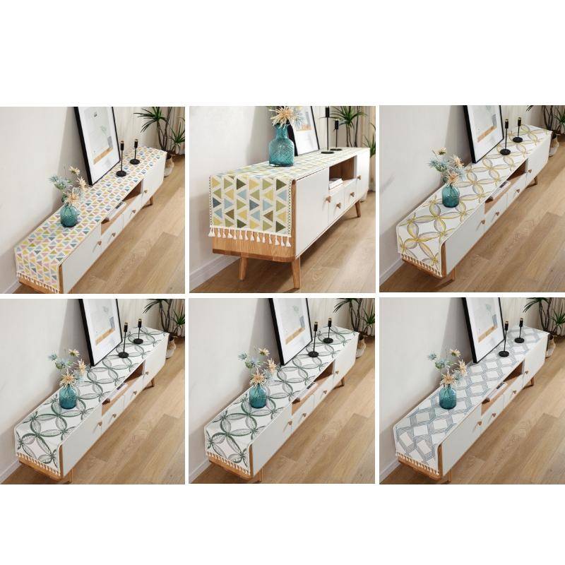 Home TV Cabinet Shoe Cabinet Chenille Polyester Tassel Tablecloth, Size: 35x200cm(Yellow-green Tr...