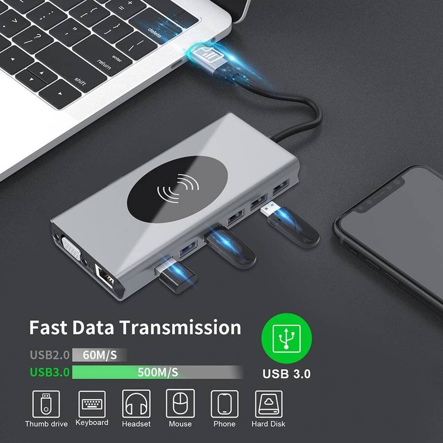 BX15W USB HUB Type-C Docking Station with Wireless Charge Function(15 in 1)