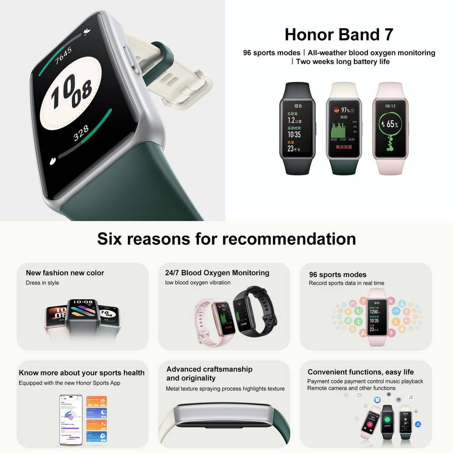 Honor Band 7 NFC, 1.47 inch AMOLED Screen, Support Heart Rate / Blood Oxygen / Sleep Monitoring(P...