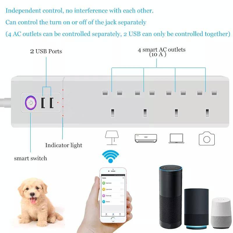 WiFi 10A SM-SO306-K 4 Holes + 2 USB Multi-purpose Smart Power Strip, UK Plug