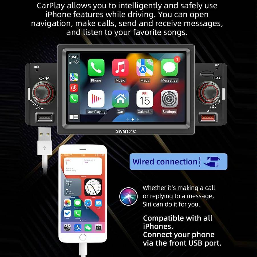 SWM151C 5 inch Portable Car MP5 Player Support CarPlay / Android Auto(Black)