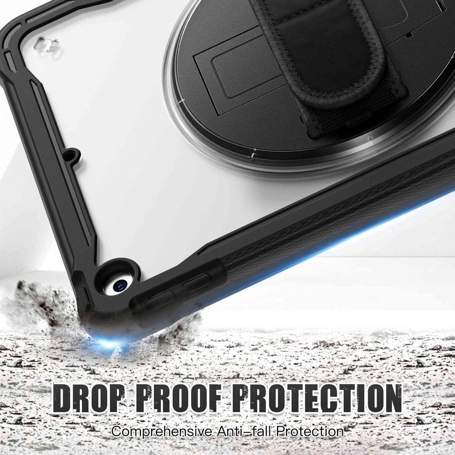 For iPad 10.2 2021 / 2020 / 2019 Heavy Duty Hybrid Tablet Case with Handle & Strap(Black)