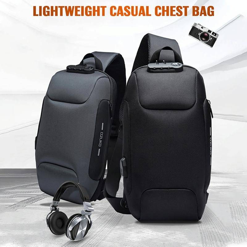 OZUKO 9223 Anti-theft Men Chest Bag Waterproof Crossbody Bag with External USB Charging Port, Sty...