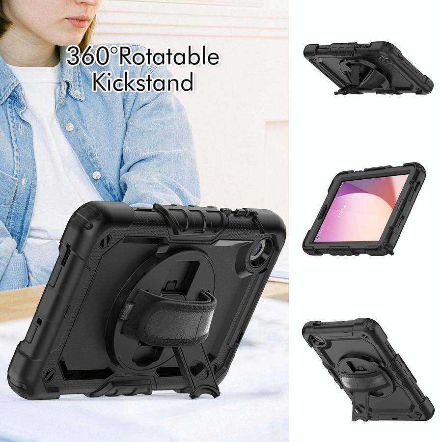 For Lenovo Tab M8 4th Gen Silicone Hybrid PC Tablet Case with Shoulder Strap(Black)