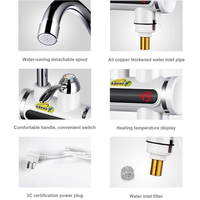 220V Kitchen Tankless Water Heater Instant Electric Faucet Electric Heater Tap with Temperature D...