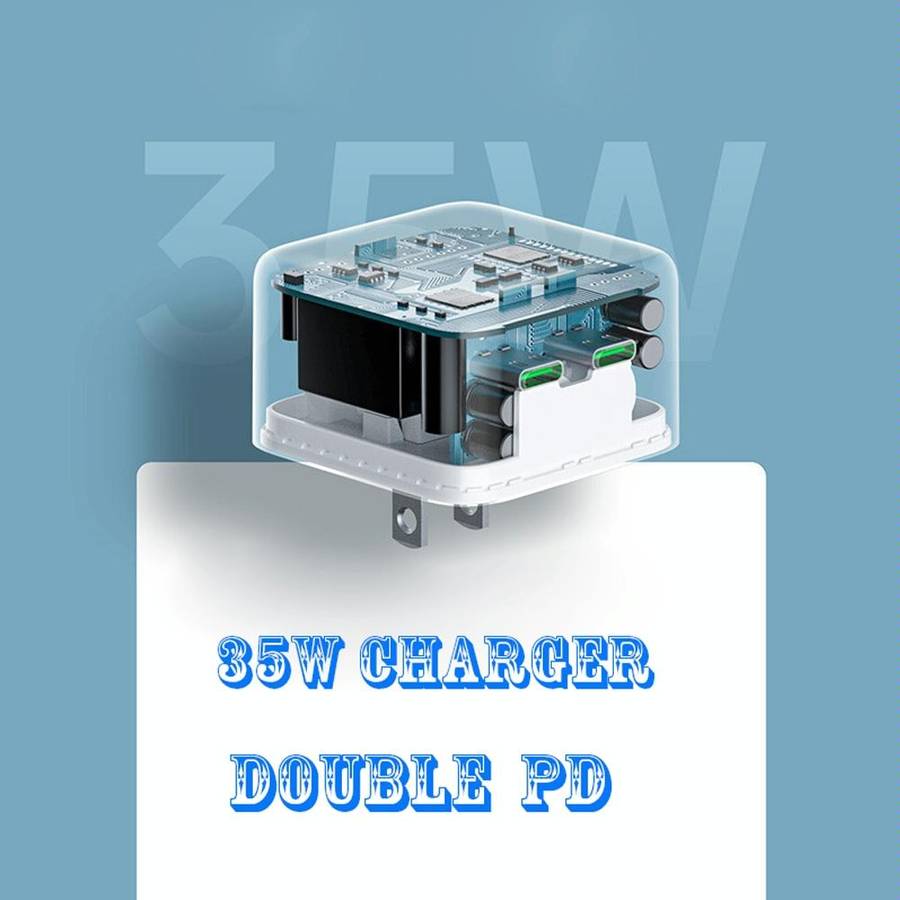 PD 35W Dual USB-C / Type-C Ports Charger with 1.5m Type-C to 8 Pin Data Cable, EU Plug