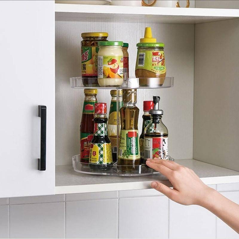 Kitchen Transparent Rotatable Condiment Storage Turntable Double-Layer Multi-Function Shelf