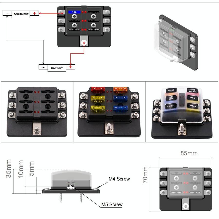 1 in 6 Out 6 Way Circuit Fuse Box Screw Terminal Section Fuse Holder Kits with LED Warning Indica...