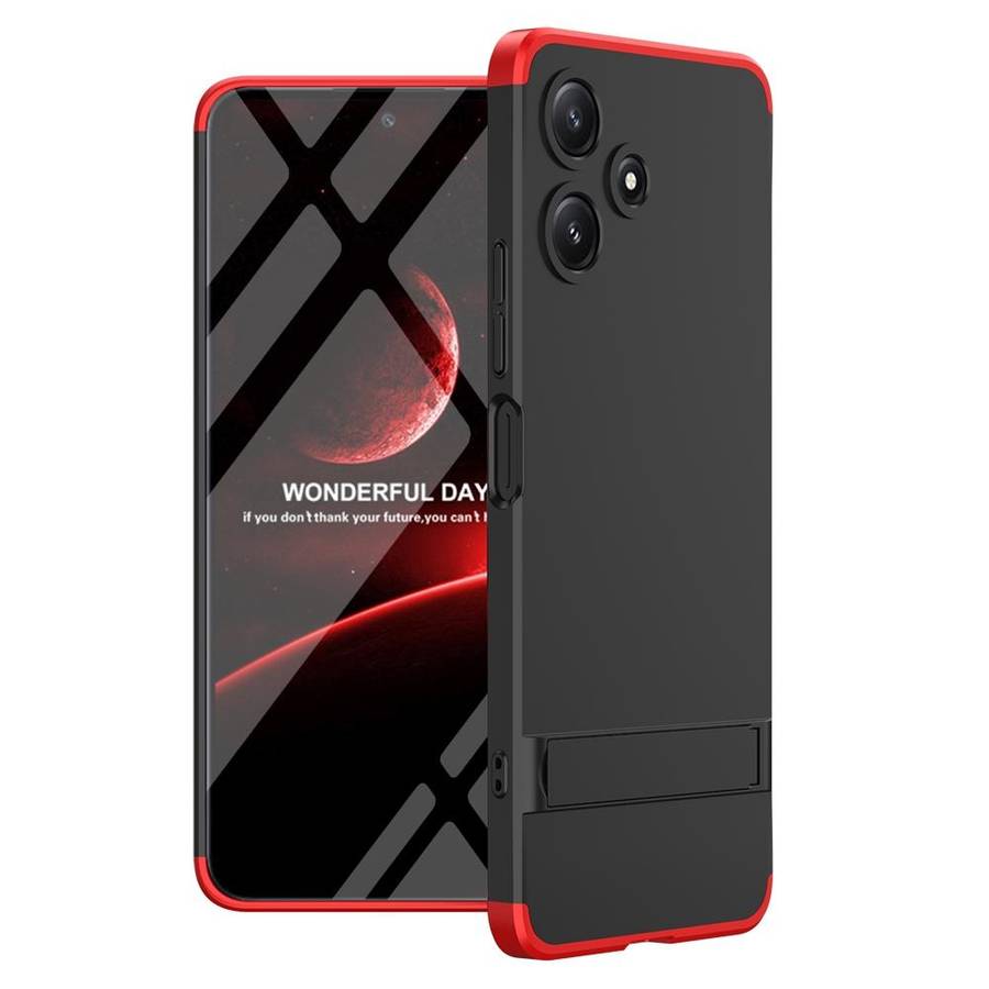 For Xiaomi Redmi 12 5G GKK Three Stage Splicing Full Coverage PC Phone Case with Stand(Black Red)