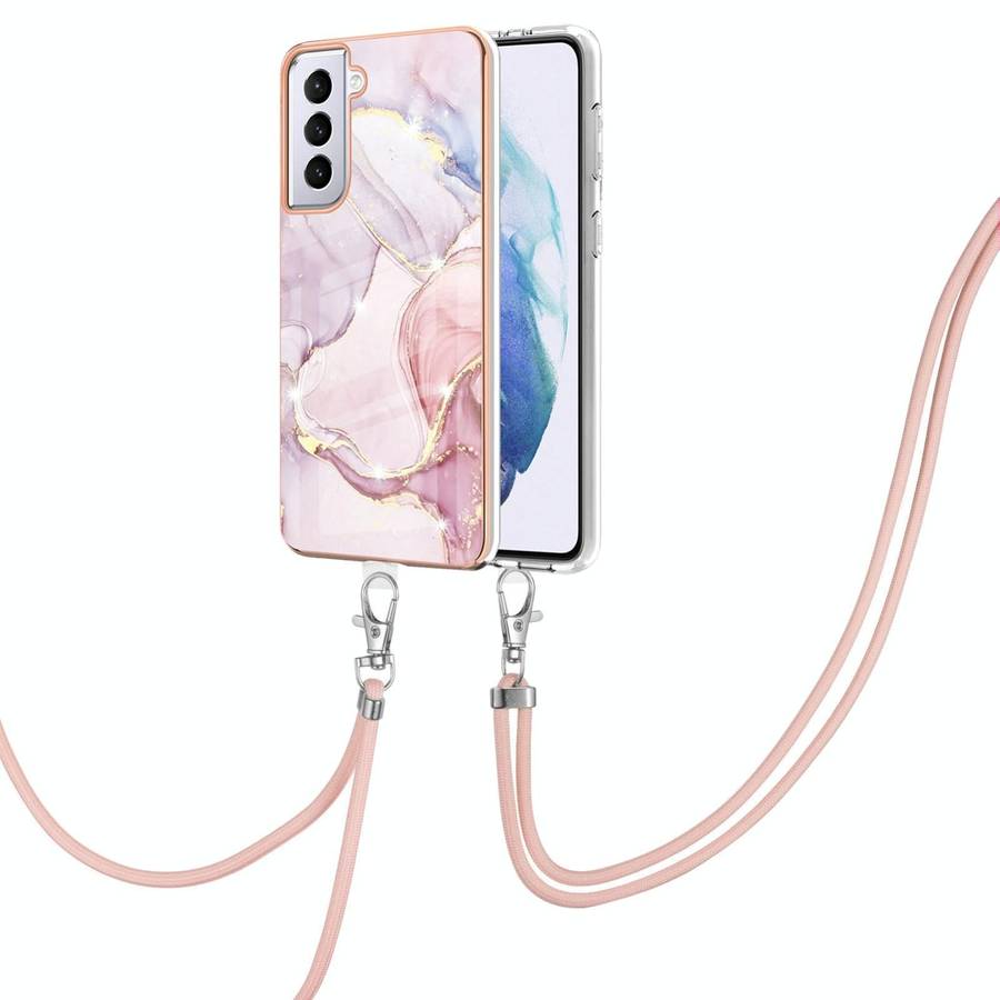 For Samsung Galaxy S21 5G Electroplating Marble Pattern IMD TPU Shockproof Case with Neck Lanyard...