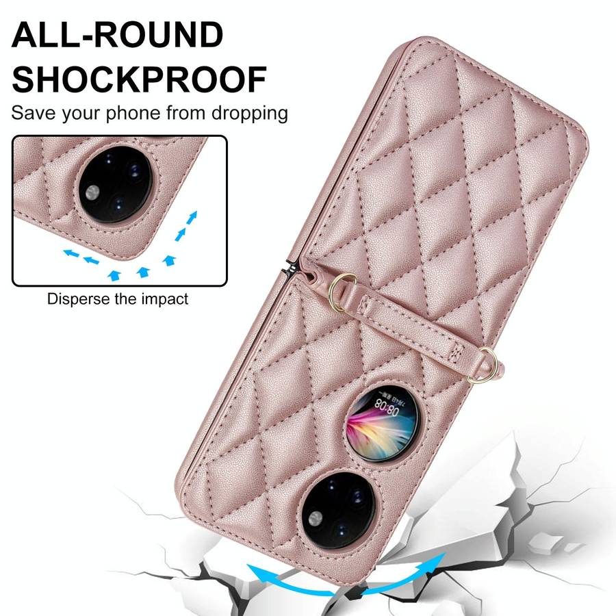 For Huawei P50 Pocket Rhombic Texture Card Bag Phone Case with Dual Lanyard(Rose Gold)