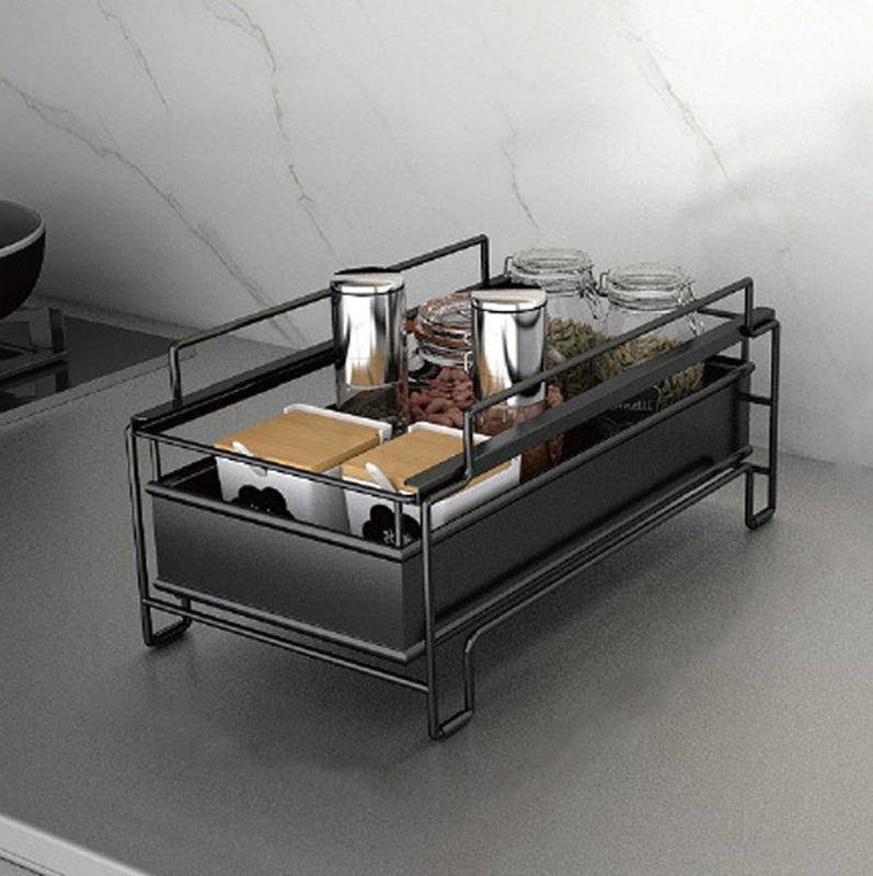 Kitchen Countertop Under Sink Spice Racks Can Be Stacked With Multi-Layer Pull-Out Storage Wrough...