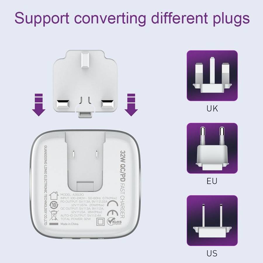 LDNIO A3513Q 32W QC3.0 3 USB Ports Phone Adapter UK Plug with 8 Pin Cable