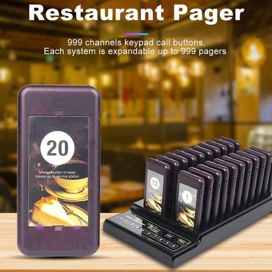 QC100 999 Channel Restaurant Wireless Paging Queuing Calling System with 20 Call Coaster Pagers, ...