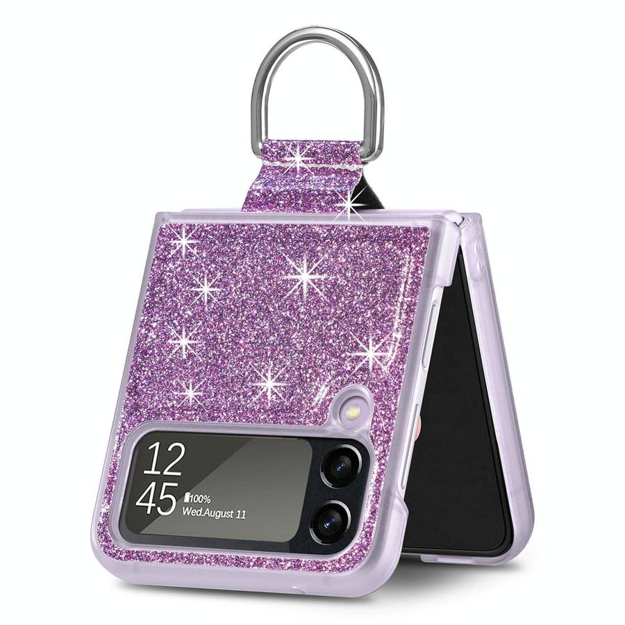 For Samsung Galaxy Z Flip4 Glitter Leather Skin PC Phone Case with Ring(Purple)