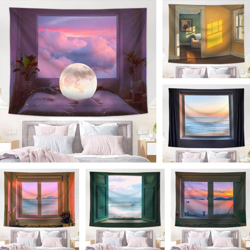 Sea View Window Background Cloth Fresh Bedroom Homestay Decoration Wall Cloth Tapestry, Size: 200...