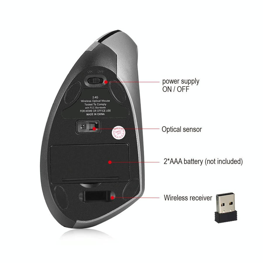HXSJ T24 6 Buttons 2400 DPI 2.4G Wireless Vertical Ergonomic Mouse with USB Receiver(Grey)