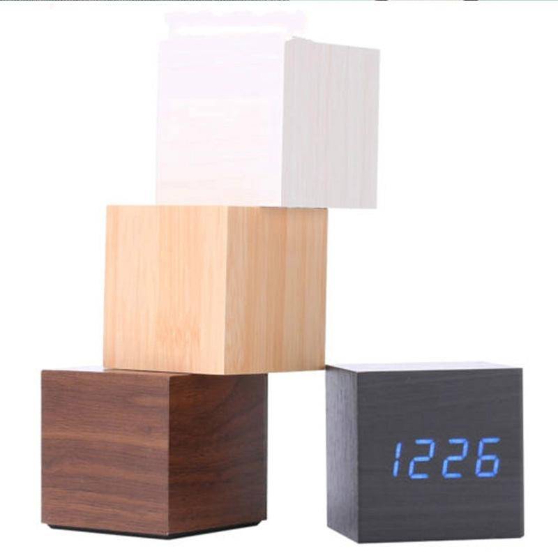 Multicolor Sounds Control Wooden Clock Modern Digital LED Desk Alarm Clock Thermometer Timer Blac...