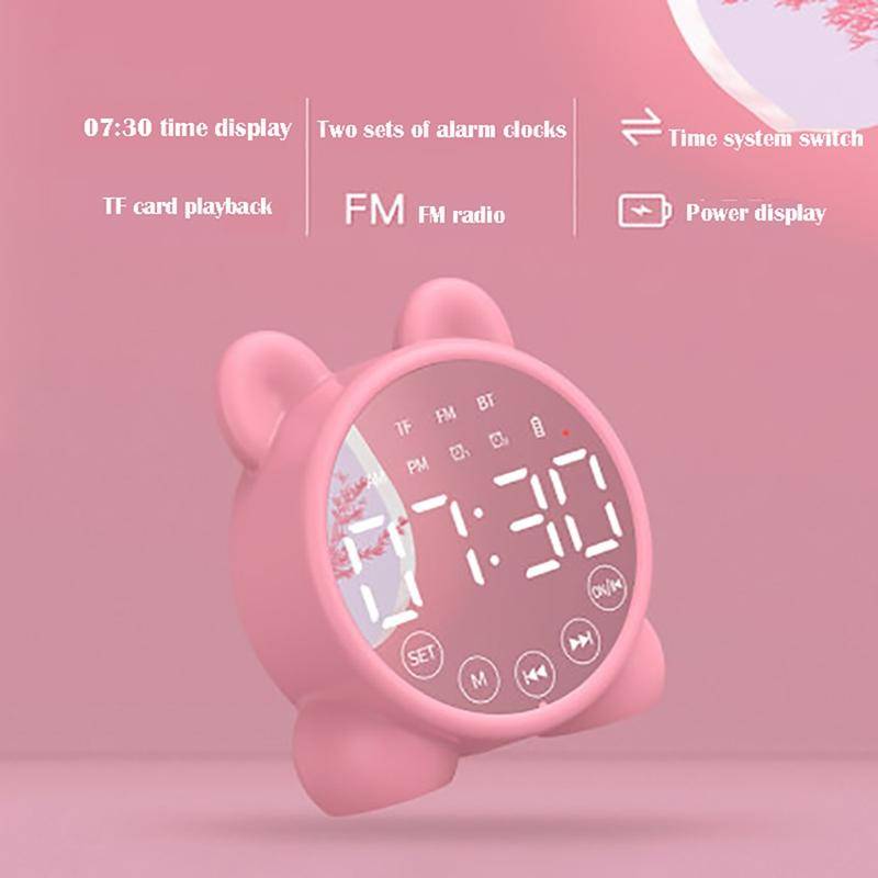 P1 Mini Card Mirror Clock Wireless Bluetooth Speaker with FM Radio(Pink)