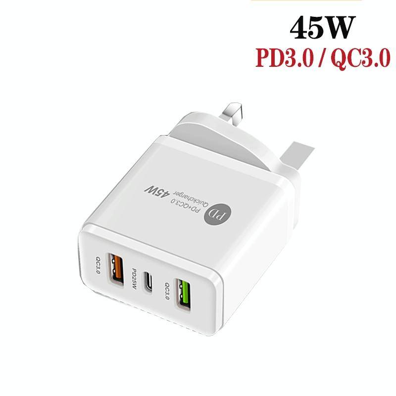 45W PD3.0 + 2 x QC3.0 USB Multi Port Charger with Type-C to 8 Pin Cable, UK Plug(White)