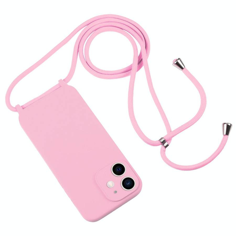 For iPhone 12 Crossbody Lanyard Liquid Silicone Case(Pink)