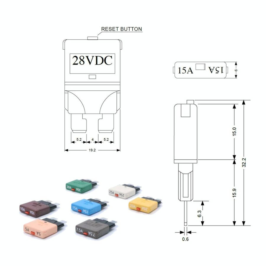 30AMP DC28V Circuit Breaker Trip Fuses Standard Blade Fuse Manual Reset
