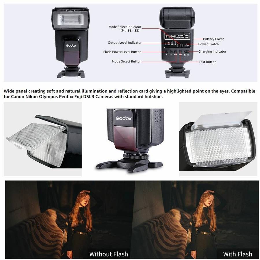 Godox TT520II 433MHZ Wireless 1/300s-1/2000s HSS Flash Speedlite Camera Top Fill Light for Canon ...