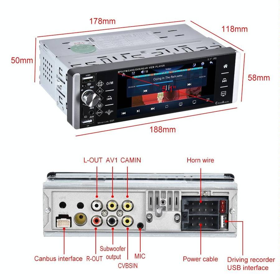 A2905 5.1 inch IPS Capacitive Screen Single Butt Carplay Player, Style: Standard+12 Light Camera