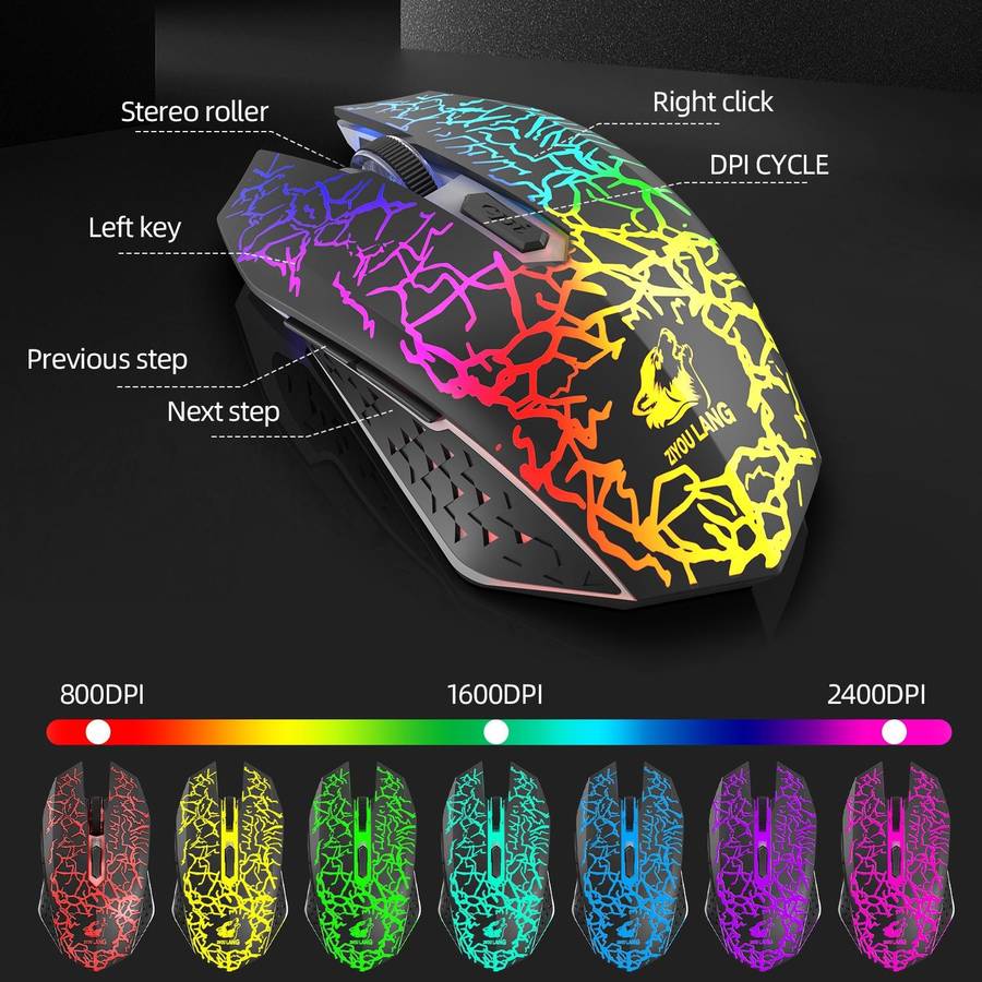 ZIYOULANG T3 Wireless Charging Gaming Lighted Keyboard and Mouse Set(Black Rainbow Light)