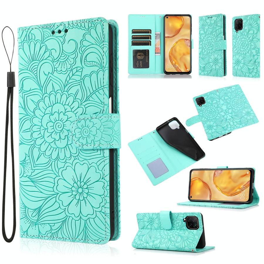 For Huawei P40 lite Skin Feel Embossed Sunflower Horizontal Flip Leather Case with Holder & Card ...