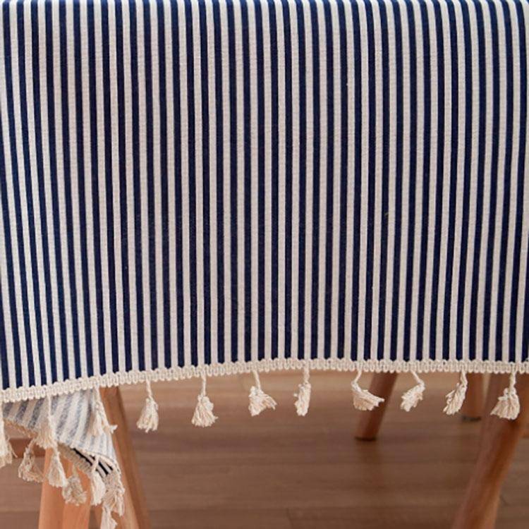 Tassel Lace Daisy Print Cotton Linen Tablecloth, Size:140x200cm(Navy Blue Stripes)