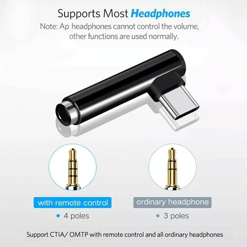 Type-C Male to 3.5mm Female L-type Stereo Audio Headphone Jack Adapter(Black)