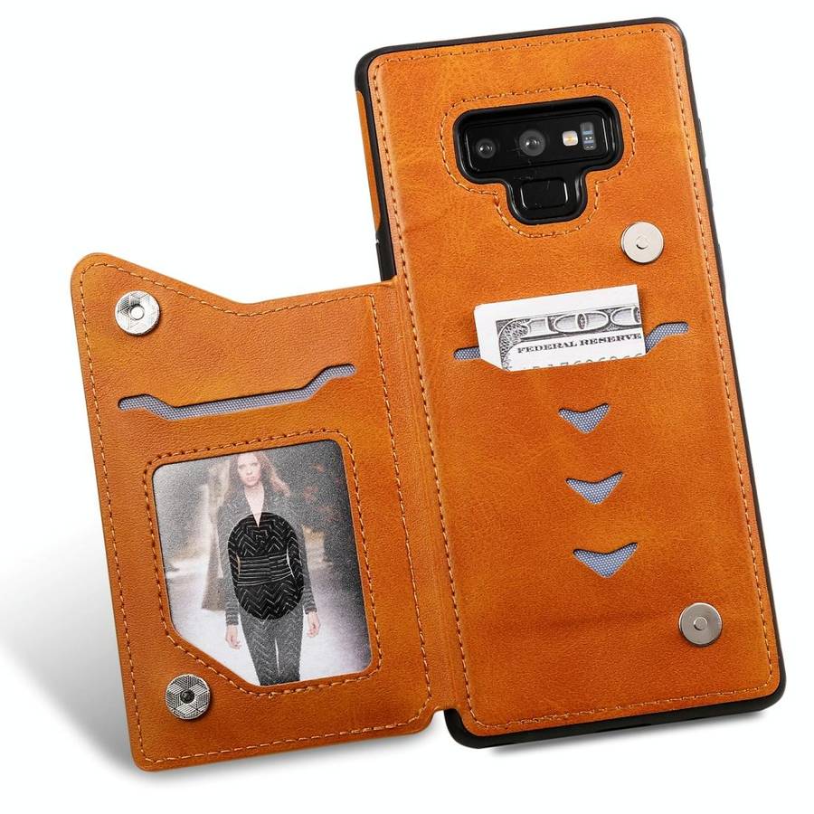 For Galaxy Note 9 Shockproof Calf Texture Protective Case with Holder & Card Slots & Frame(Brown)