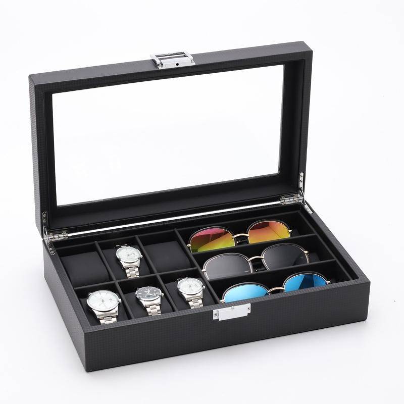 6+3 PU Watch Glasses Case Carbon Fiber PU Skin Watch Box Sunglasses Box(Brown)