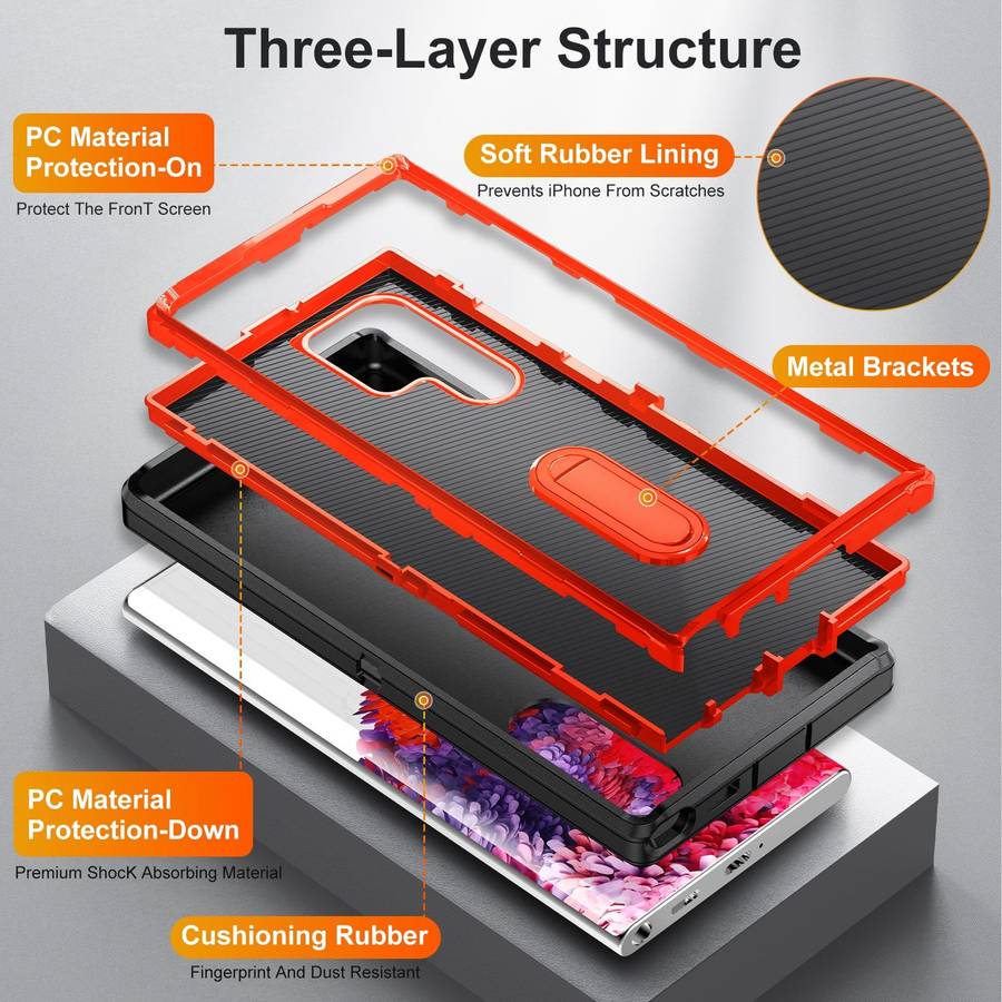 For Samsung Galaxy S22 Ultra 5G 3 in 1 Rugged Holder Phone Case(Black+Orange)