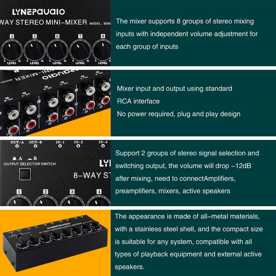 B066 Mini Stereo 8 Channel RCA Non Source Sound Passive Mixer, No Power Supply