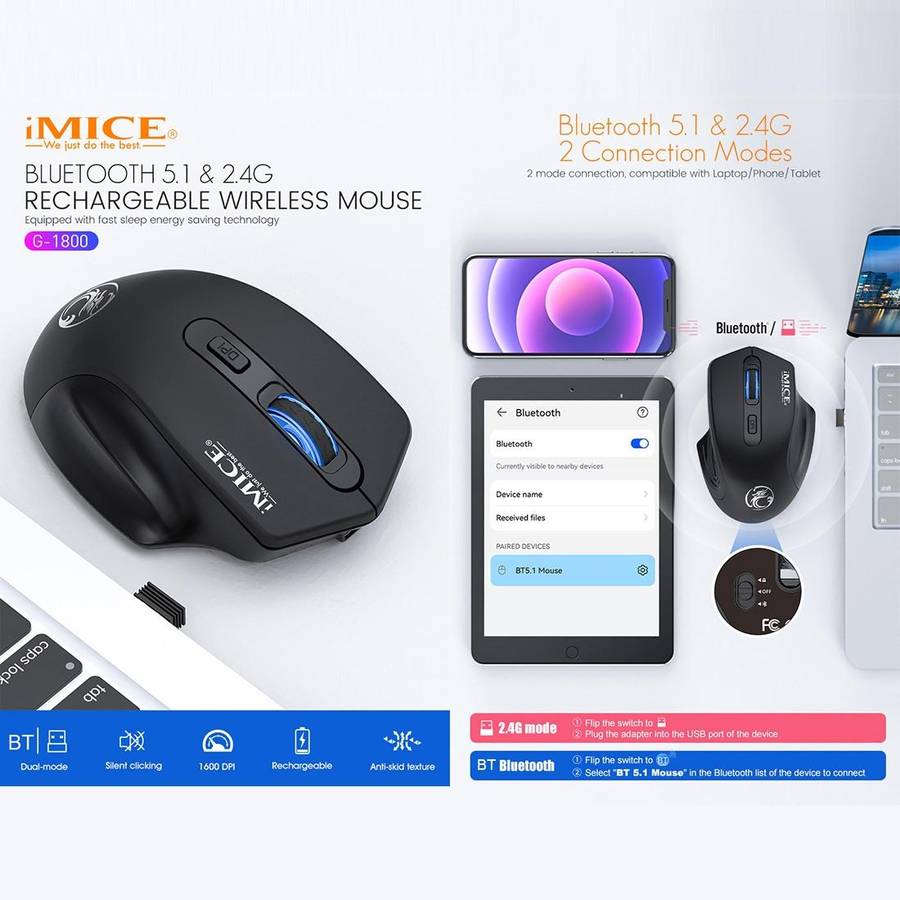iMICE G-1800 Rechargeable 4 Buttons 1600 DPI 2.4GHz & Bluetooth Silent Wireless Mouse for Compute...