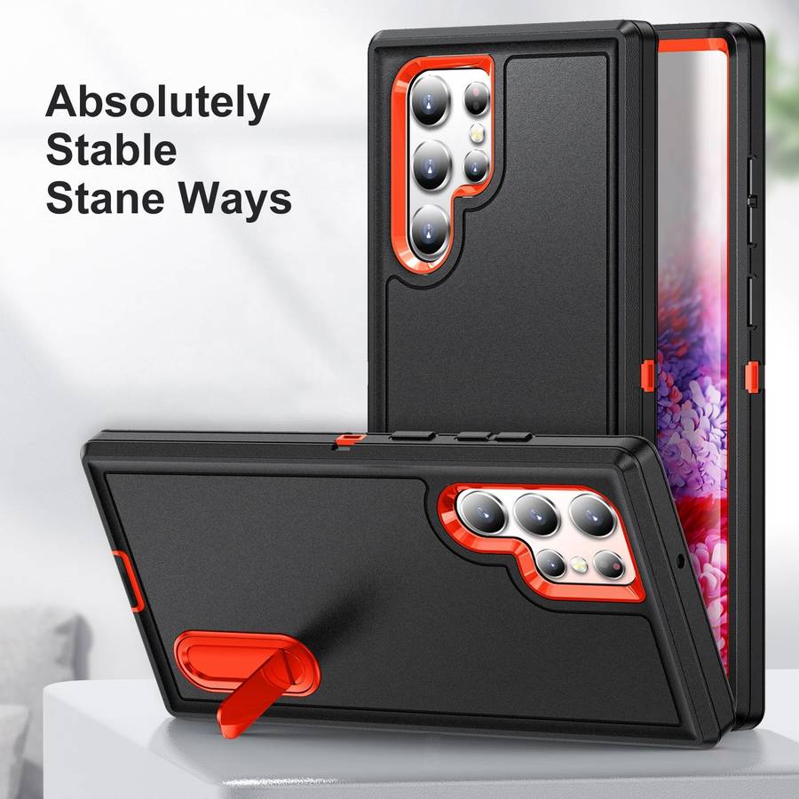 For Samsung Galaxy S22 Ultra 5G 3 in 1 Rugged Holder Phone Case(Black+Orange)