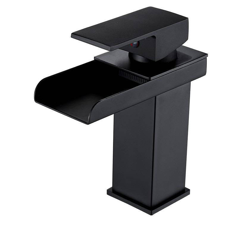 LED Three Lights Hot Cold Water Faucet Bathroom Waterfall Faucet CN Plug(Black)