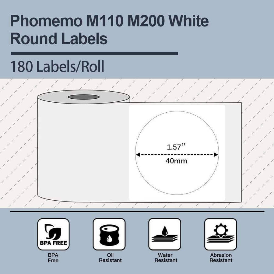 For Phomemo M110 / M200 180pcs /Roll 40x40mm Round Self-Adhesive Thermal Labels