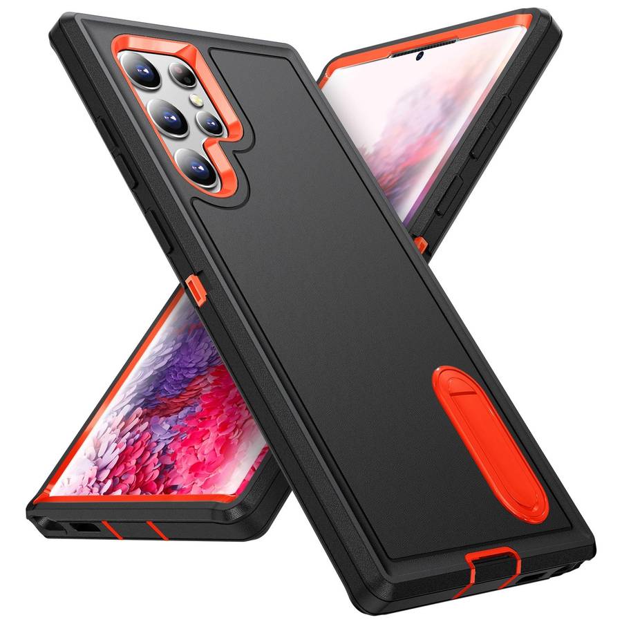 For Samsung Galaxy S22 Ultra 5G 3 in 1 Rugged Holder Phone Case(Black+Orange)