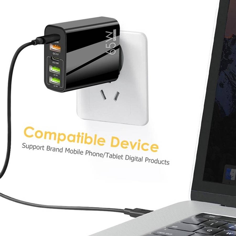 65W Dual PD Type-C + 3 x USB Multi Port Charger for Phone and Tablet PC, UK Plug(Black)