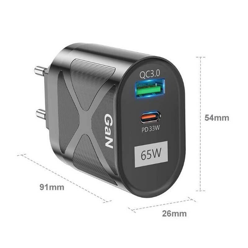 65W GAN PD + QC3.0 Fast Charger Phone Notebook Computer Universal Charging Head, Plug: UK Plug Black