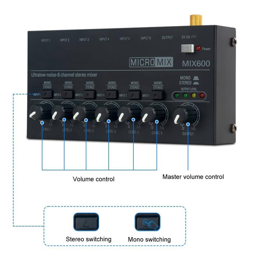 Ultra-Compact Low-Noise 6 Channel Stereo Audio Mixer, US Plug(MIX600)
